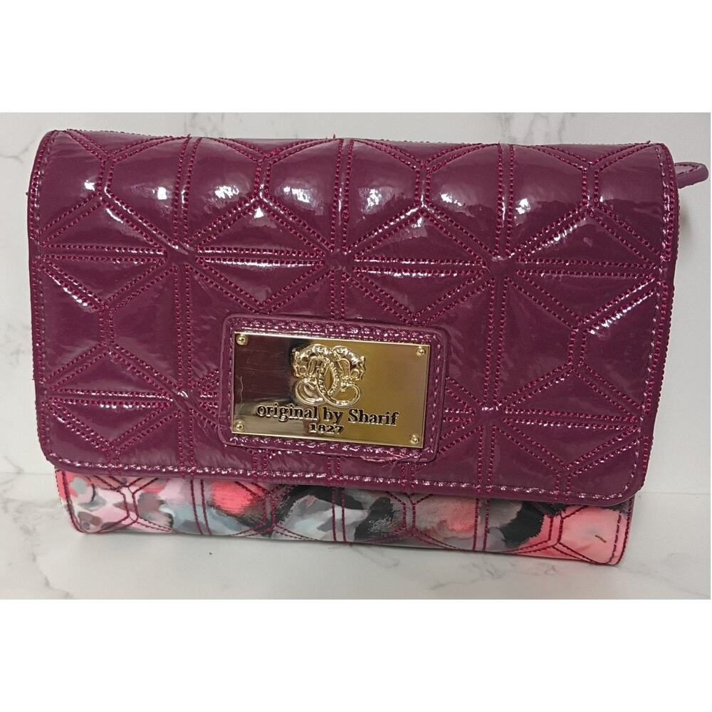 SHARIF Quilted Floral & Plum Patent Leather Wallet/Crossbody - EUC